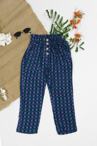 Indigo Gingham Straight Pant Front Button - Soft Summer Crepe - bottoms, grand-sale, bottom, pants, kids-clearance - Sprinkles Pakistan