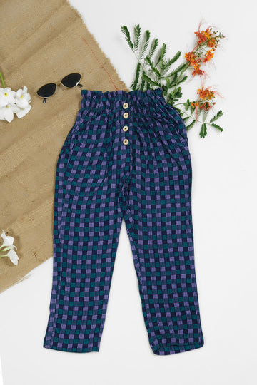 Indigo Gingham Straight Pant Front Button