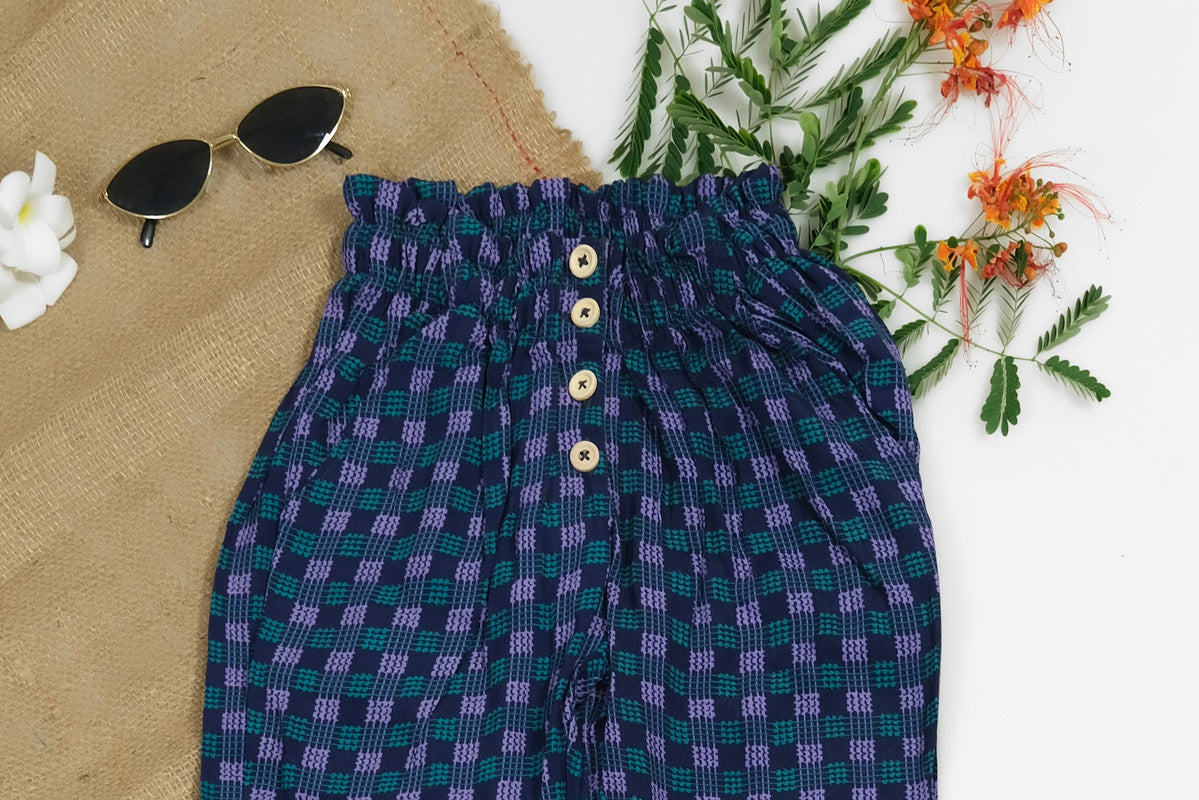 Indigo Gingham Straight Pant Front Button - Soft Summer Crepe - bottoms, grand-sale, bottom, pants, kids-clearance - Sprinkles Pakistan