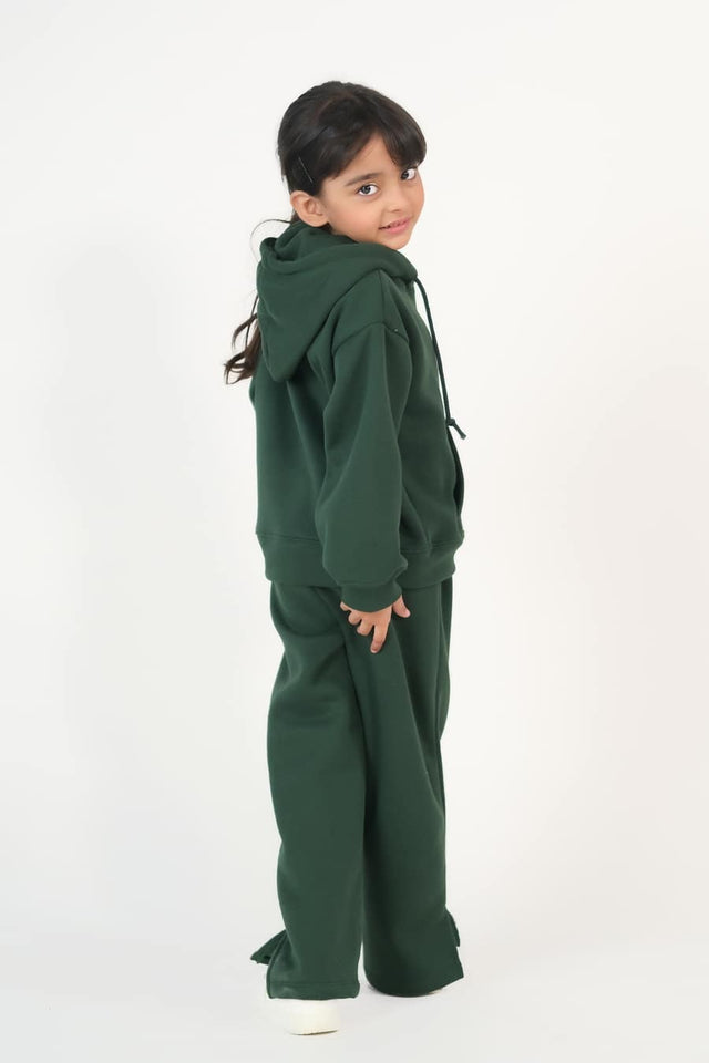 Hoodie With Slit Open Flared Pants - Dark Green