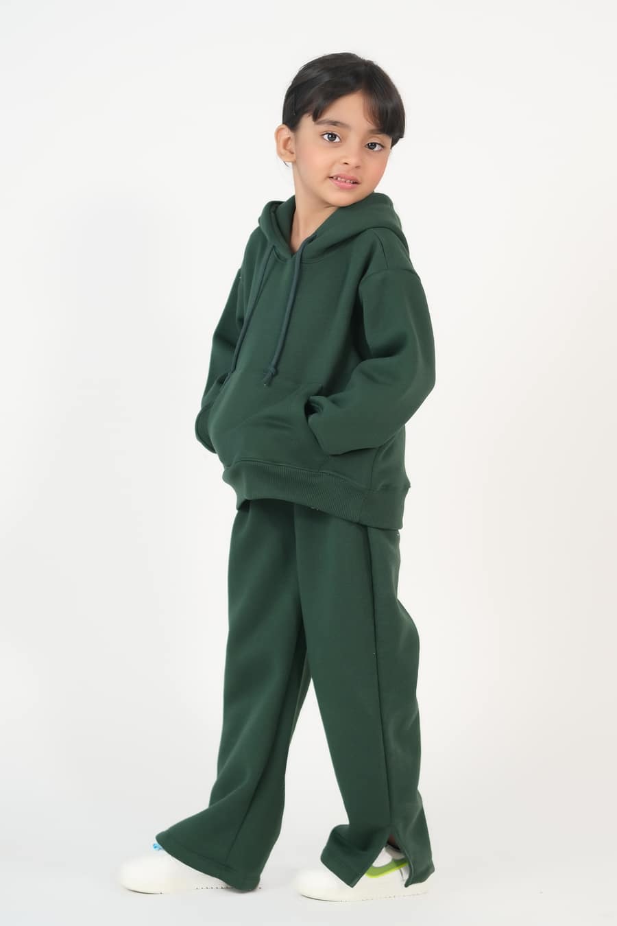 Hoodie With Slit Open Flared Pants - Dark Green