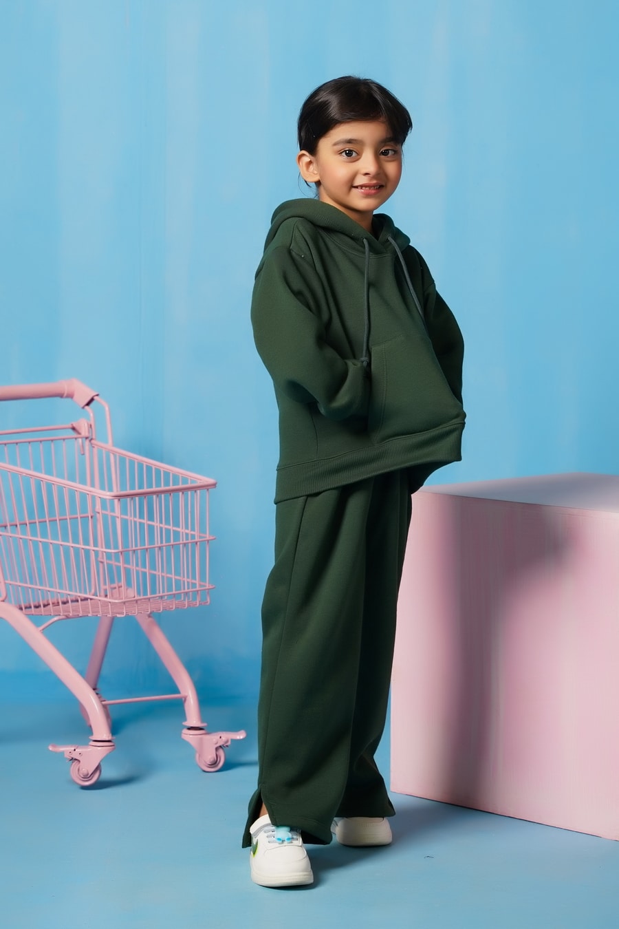 Hoodie With Slit Open Flared Pants - Dark Green