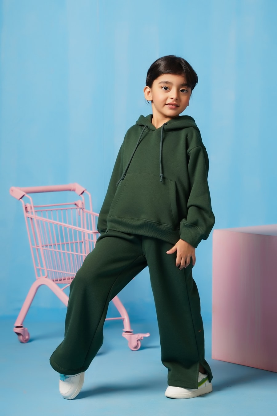 Hoodie With Slit Open Flared Pants - Dark Green