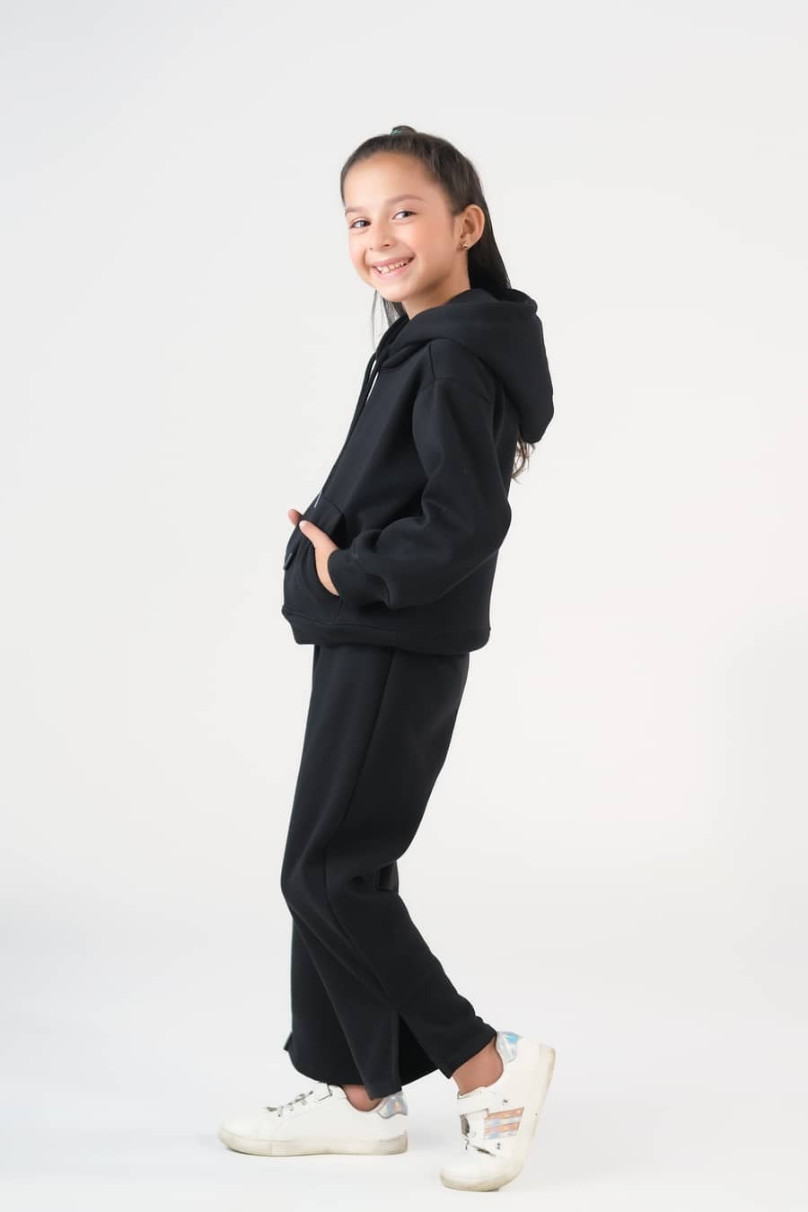 Hoodie With Slit Open Flared Pants - Black - Fleece - co-ord-sets-western, kids, kids-winter, western - Sprinkles Pakistan