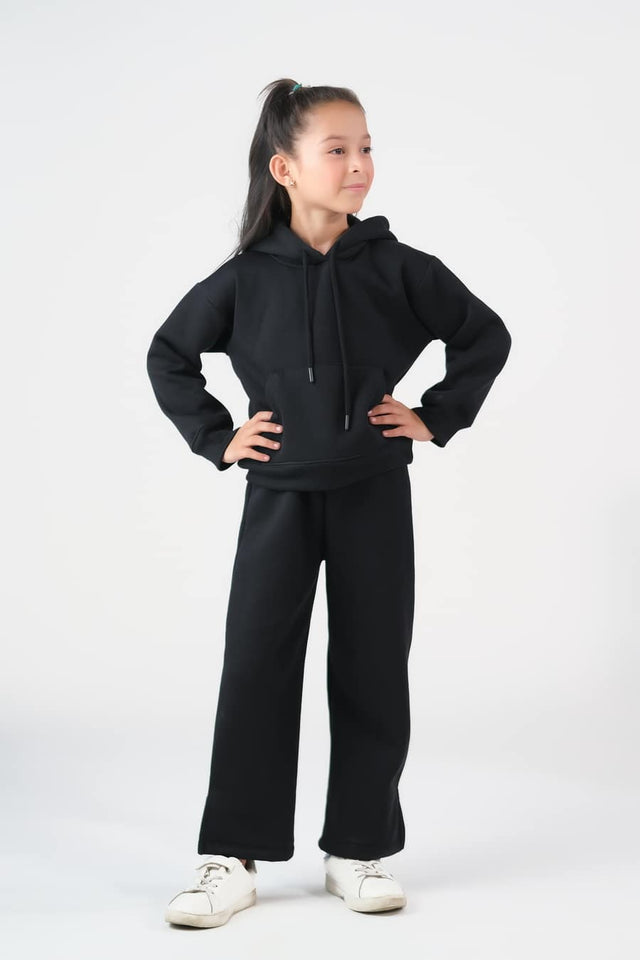 Hoodie With Slit Open Flared Pants - Black - Fleece - co-ord-sets-western, kids, kids-winter, western - Sprinkles Pakistan