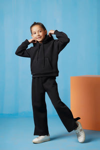 Hoodie With Slit Open Flared Pants - Black - Fleece - co-ord-sets-western, kids, kids-winter, western - Sprinkles Pakistan