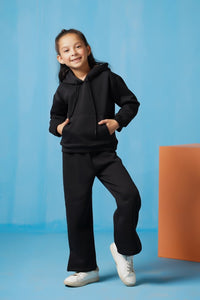 Hoodie With Slit Open Flared Pants - Black - Fleece - co-ord-sets-western, kids, kids-winter, western - Sprinkles Pakistan