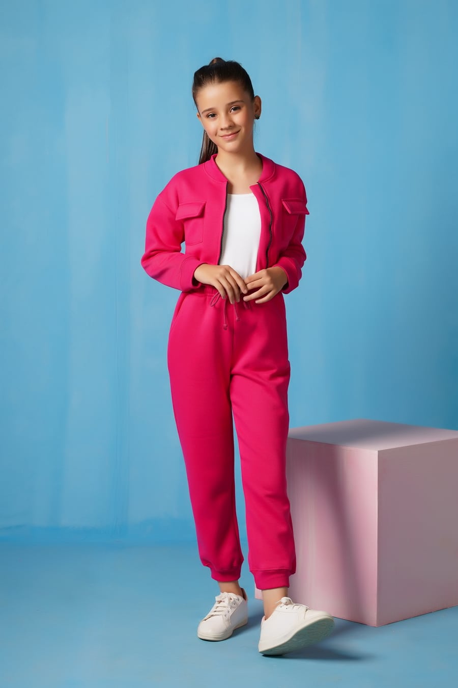 Crop Jacket With Jogger Pant - Hot Pink