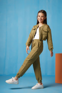 Crop Jacket With Jogger Pant - Mint Green - Fleece - co-ord-sets-western, kids, kids-winter, western - Sprinkles Pakistan