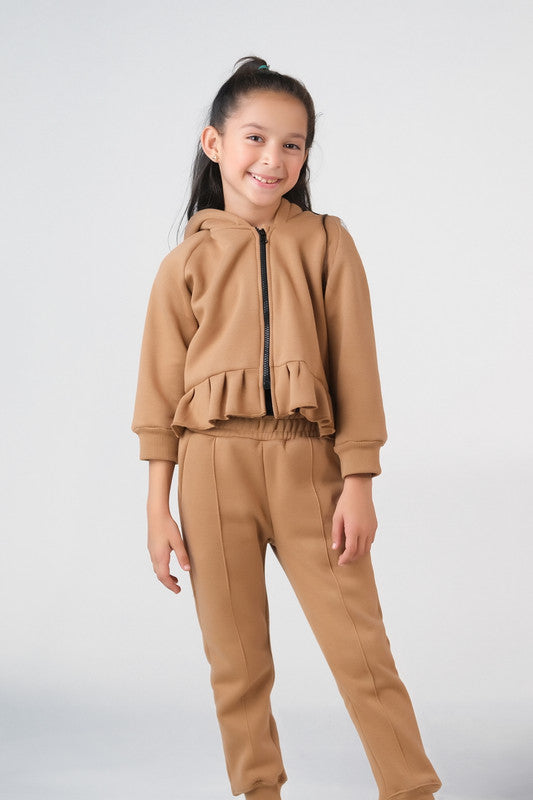 Raglan Sleeve Ruffle Hem Hoodie With Sweatpants - Coffee Brown