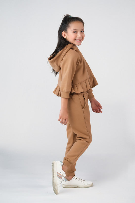 Raglan Sleeve Ruffle Hem Hoodie With Sweatpants - Coffee Brown