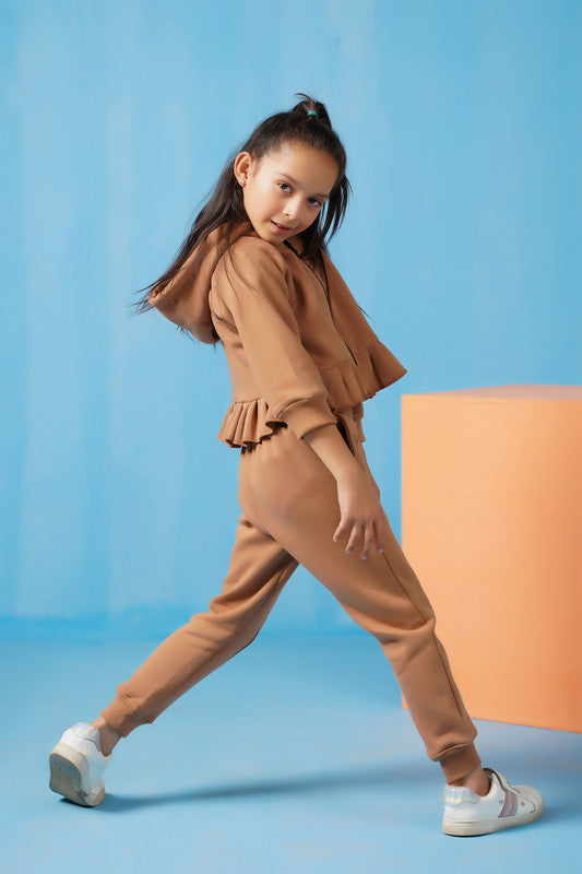 Raglan Sleeve Ruffle Hem Hoodie With Sweatpants - Coffee Brown