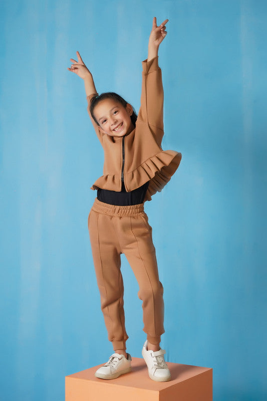 Raglan Sleeve Ruffle Hem Hoodie With Sweatpants - Coffee Brown