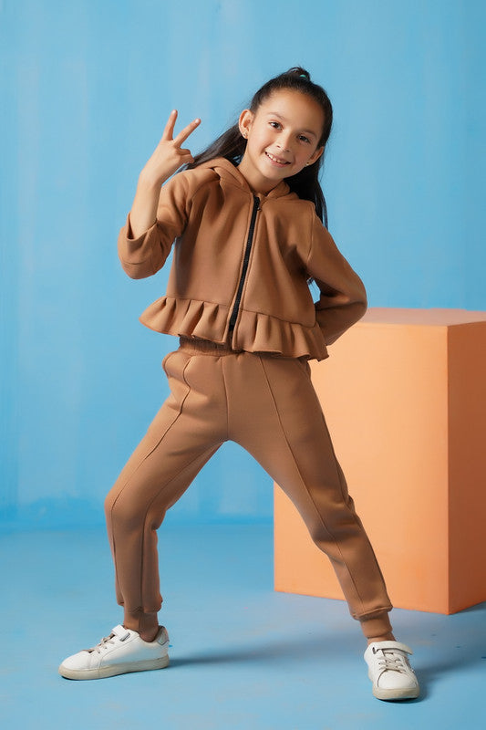 Raglan Sleeve Ruffle Hem Hoodie With Sweatpants - Coffee Brown
