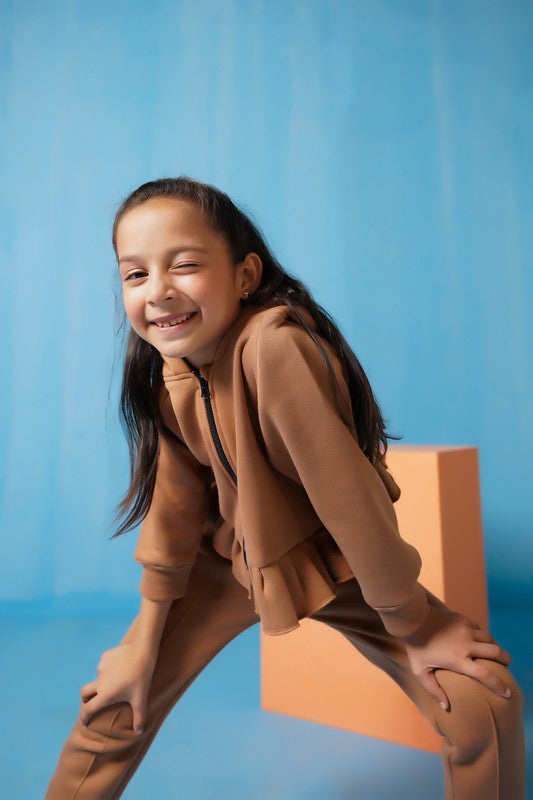 Raglan Sleeve Ruffle Hem Hoodie With Sweatpants - Coffee Brown