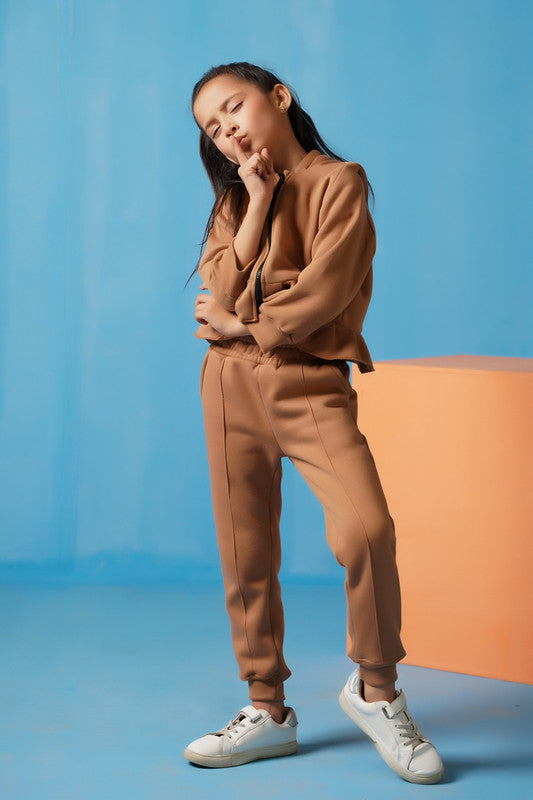 Raglan Sleeve Ruffle Hem Hoodie With Sweatpants - Coffee Brown