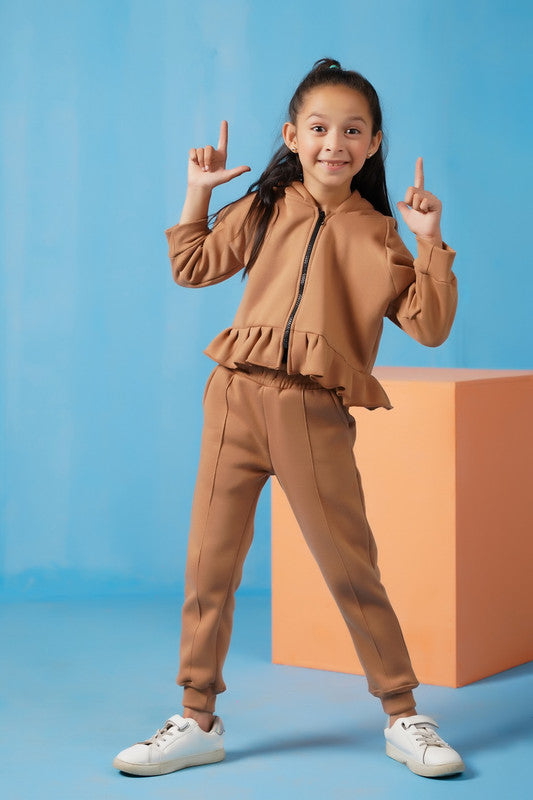Raglan Sleeve Ruffle Hem Hoodie With Sweatpants - Coffee Brown