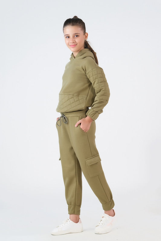 Quilted Panel Hoodie With Jogger Pants - Mint Green