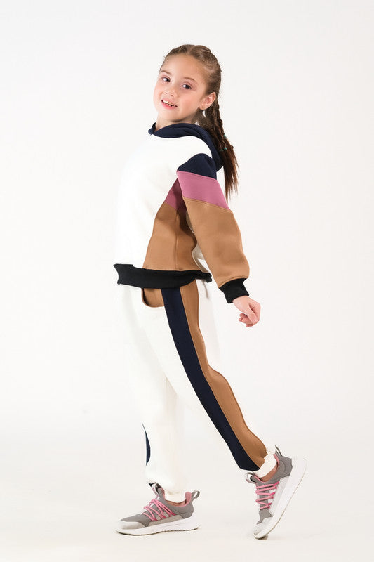 Color-Block Hoodie Set - Cream