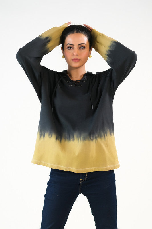 Tie Dye Lace Up  Hoodie - Black