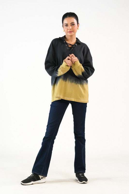 Tie Dye Lace Up  Hoodie - Black