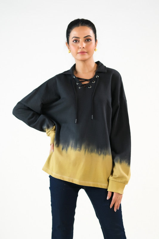 Tie Dye Lace Up  Hoodie - Black