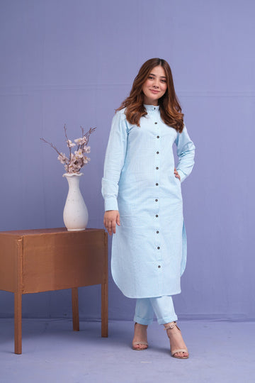 Sky Blue Stripes 2 Pcs Ready to Wear Set - Long Shirt with Trouser