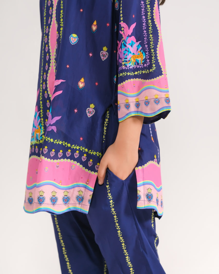 Navy Blossom - 2pcs - Poly Lawn - 2pcs-ready-to-wear - Sprinkles Pakistan