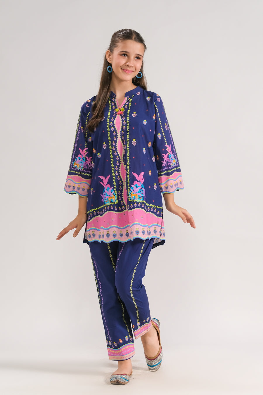 Navy Blossom - 2pcs - Poly Lawn - 2pcs-ready-to-wear - Sprinkles Pakistan