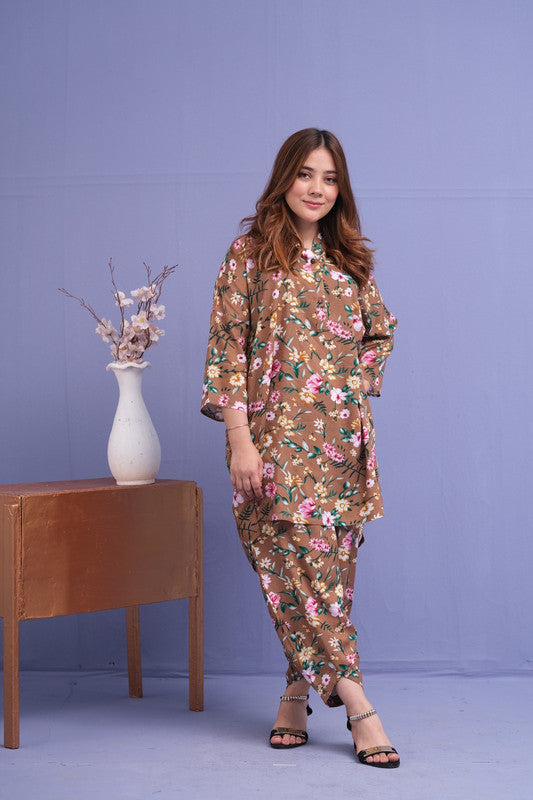 Khaki Allover Flowers Print 2 Pcs Ready to Wear Set - Medium Tall Shirt with Trouser