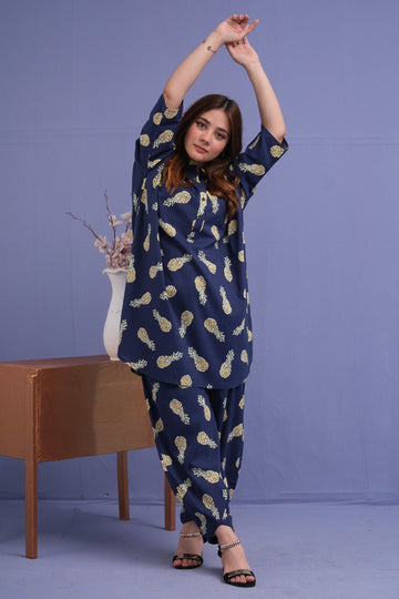 Navy Blue Allover Pineapple 2 Pcs Ready to Wear Set - Medium Tall Shirt with Trouser