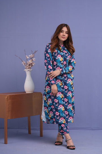 Multicolor Florals 2 Pcs Ready to Wear Set - Long Shirt with Trouser