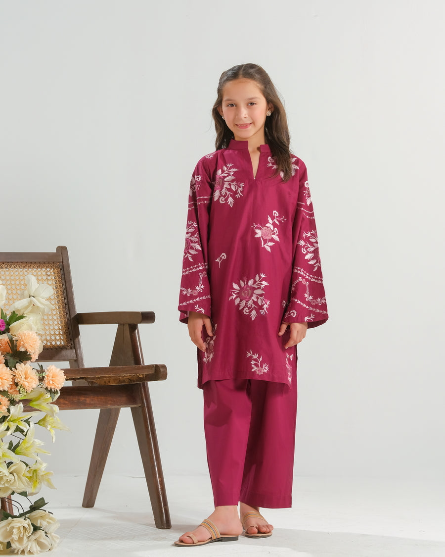 Burgundy Rose Radiance - 2pcs - Embroidered - Cambric - 2pcs-ready-to-wear - Sprinkles Pakistan