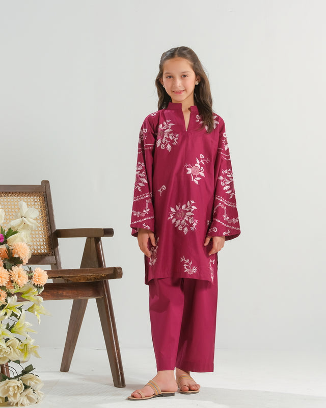 Burgundy Rose Radiance - 2pcs - Embroidered - Cambric - 2pcs-ready-to-wear - Sprinkles Pakistan
