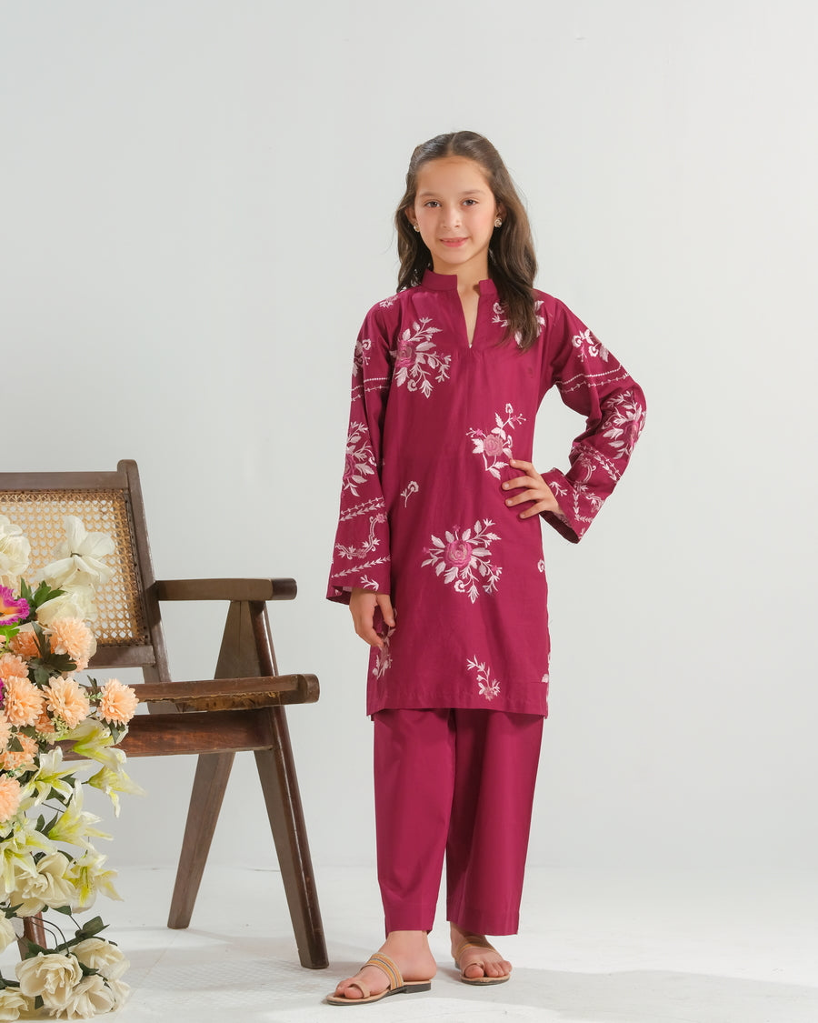 Burgundy Rose Radiance - 2pcs - Embroidered - Cambric - 2pcs-ready-to-wear - Sprinkles Pakistan