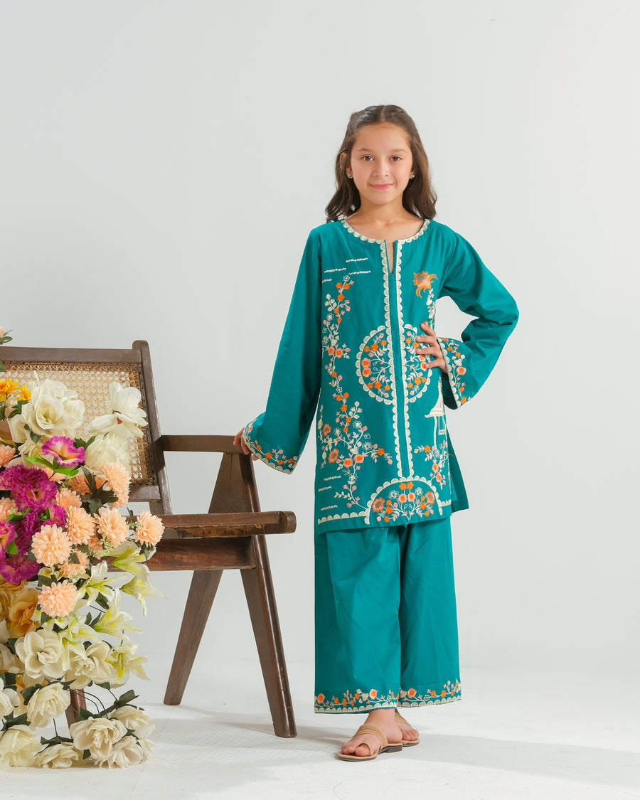 Teal Garden Bloom - 2pcs - Embroidered