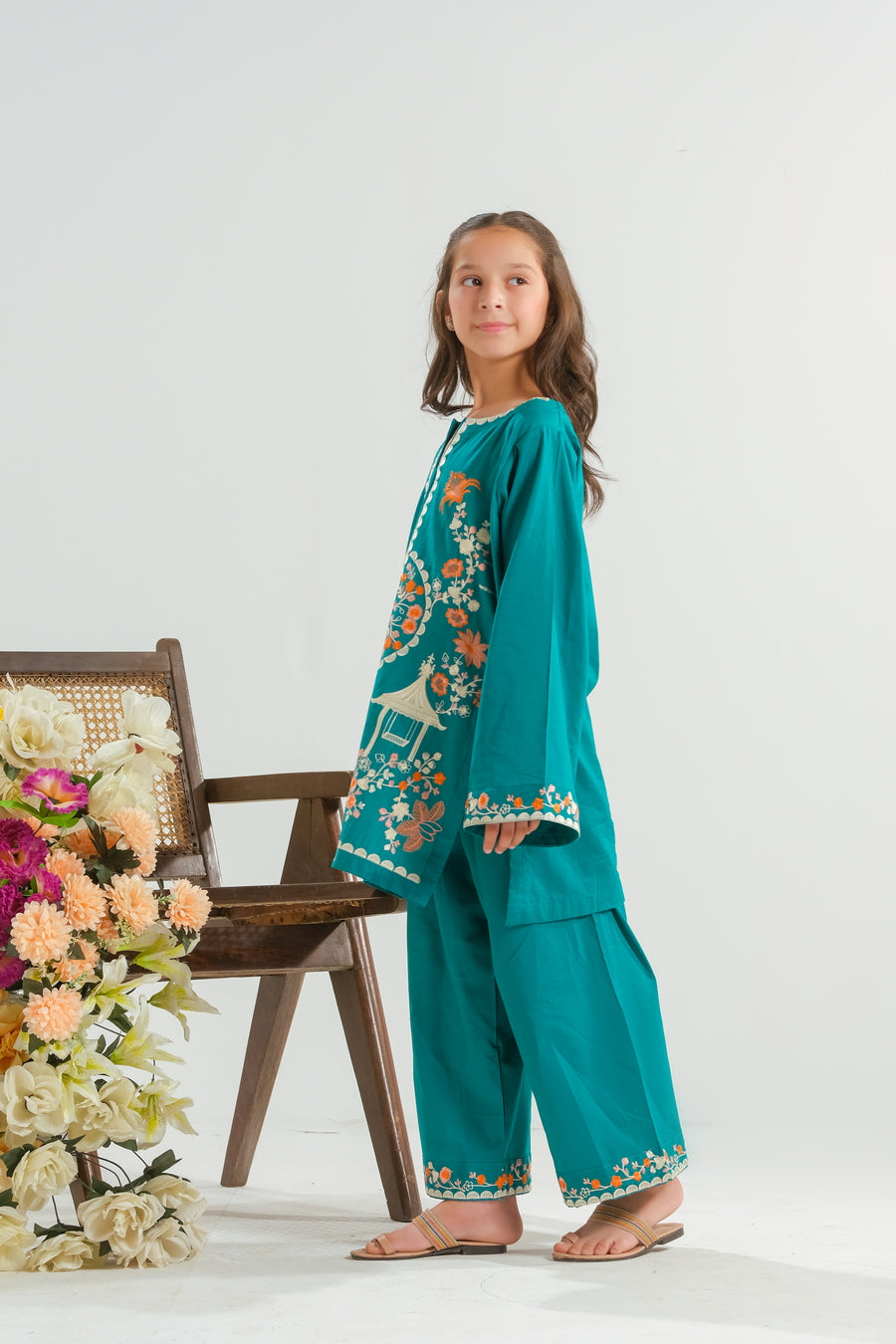 Teal Garden Bloom - 2pcs - Embroidered