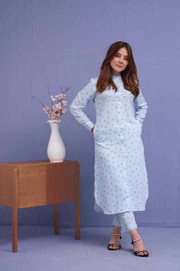 Sky Blue Pattern 2 Pcs Ready to Wear Set - Long Shirt with Trouser