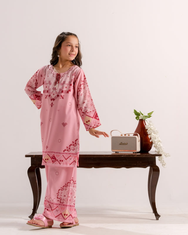 Pink Mosaic Hearts - 2pcs - Poly Cambric - 2pcs-ready-to-wear - Sprinkles Pakistan