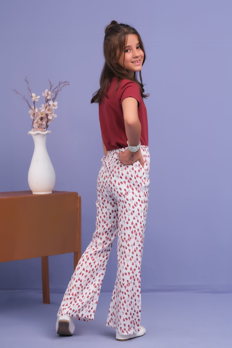 White Tulips Allover Straight Trouser - Crepe - bottoms, grand-sale, bottom, pants, kids-clearance - Sprinkles Pakistan
