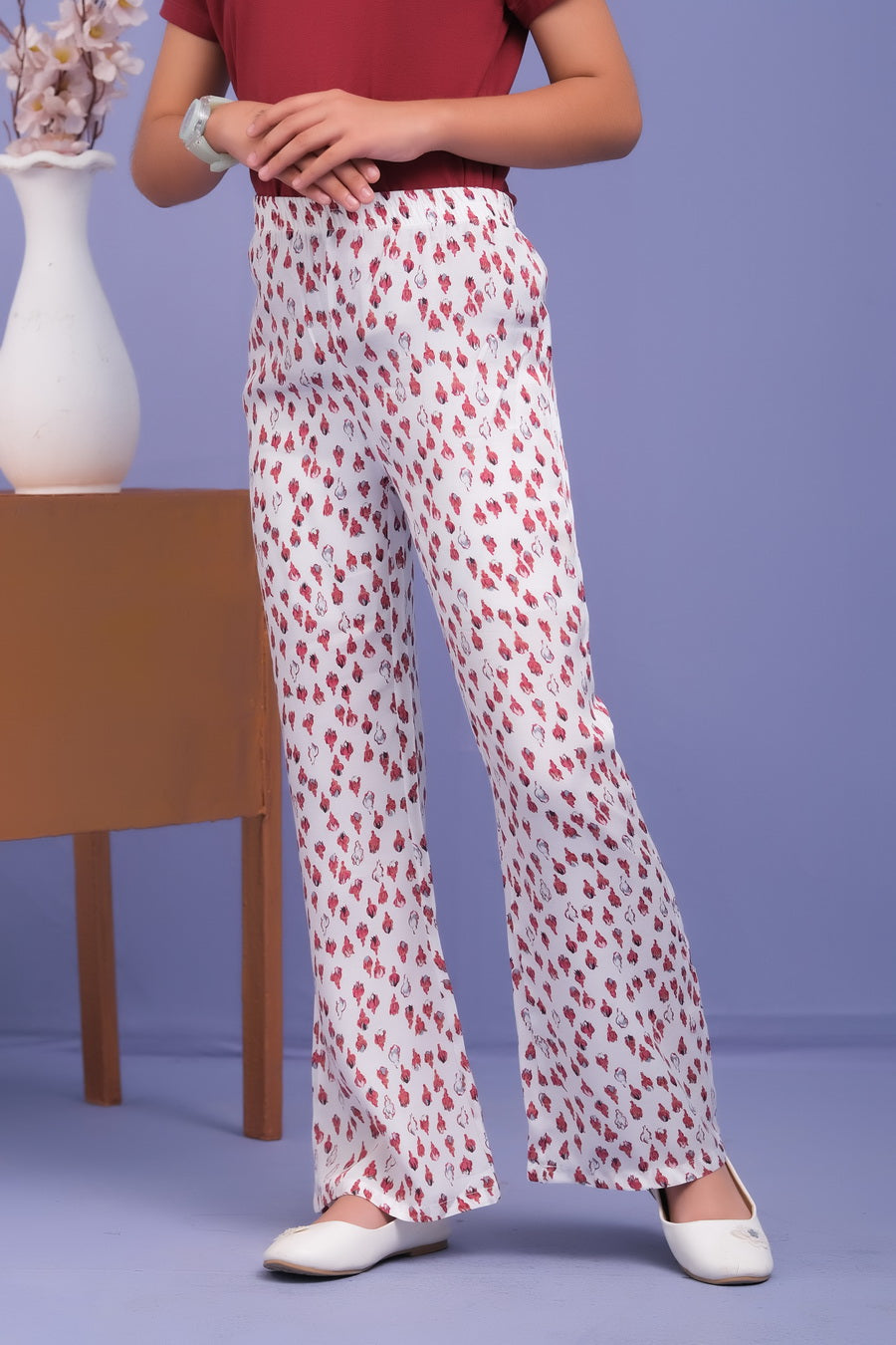 White Tulips Allover Straight Trouser - Crepe - bottoms, grand-sale, bottom, pants, kids-clearance - Sprinkles Pakistan