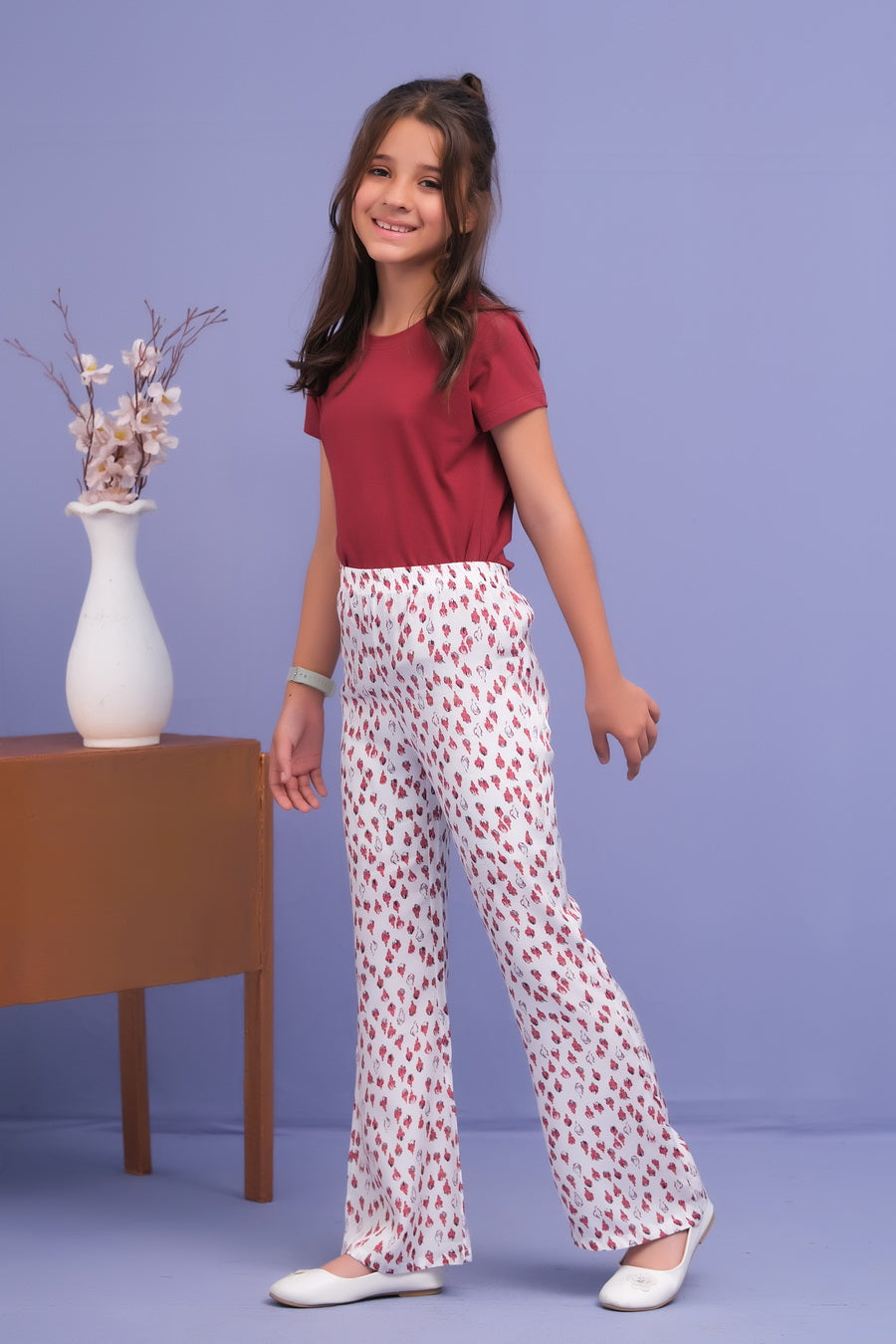 White Tulips Allover Straight Trouser - Crepe - bottoms, grand-sale, bottom, pants, kids-clearance - Sprinkles Pakistan