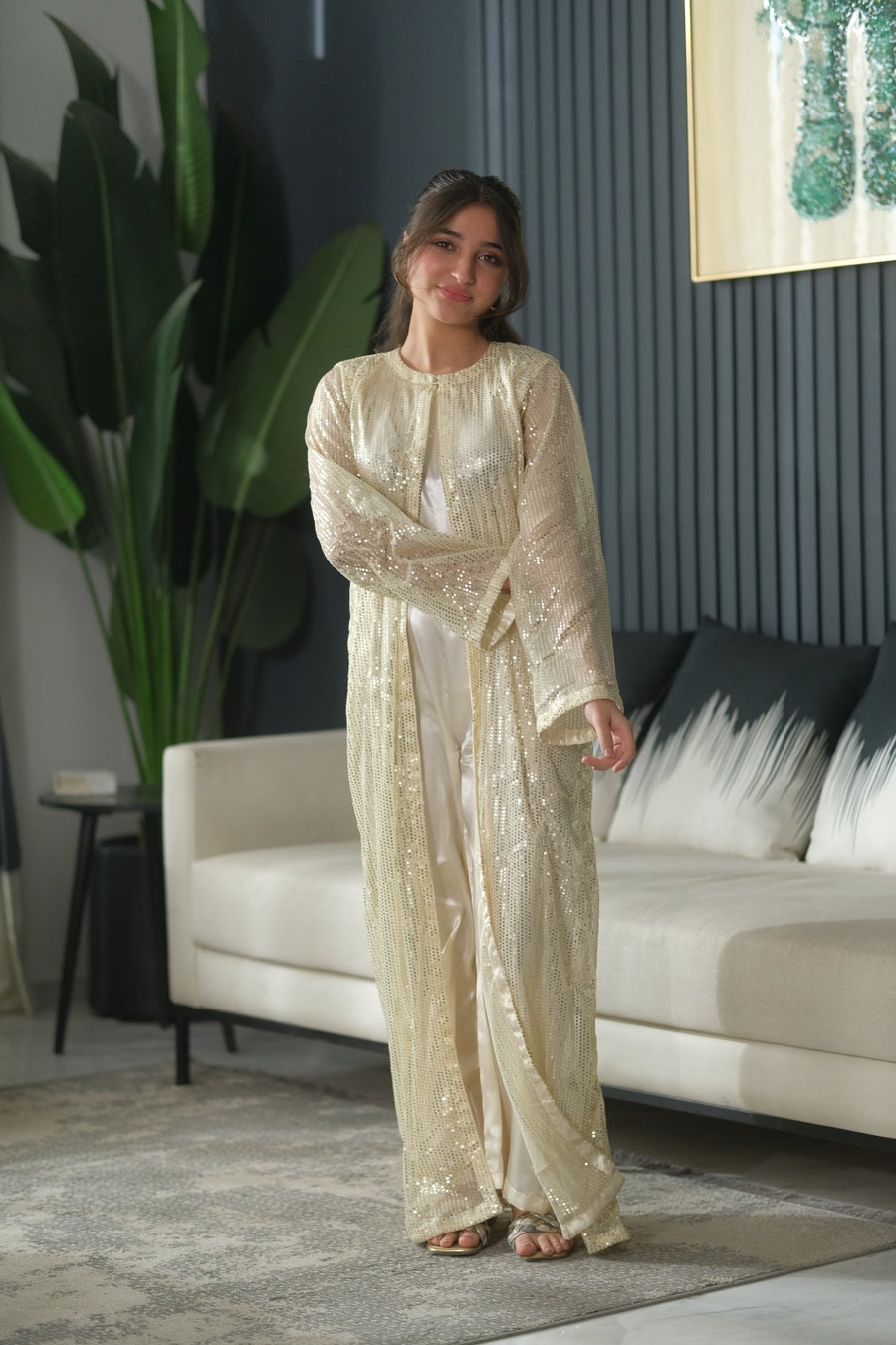 Ivory Layer - 2pcs - Sequence Net with Silk & Chiffon - Festive - Sprinkles Pakistan