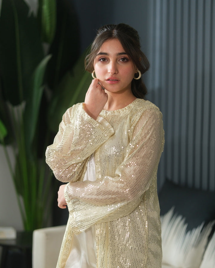 Ivory Layer - 2pcs - Sequence Net with Silk & Chiffon - Festive - Sprinkles Pakistan