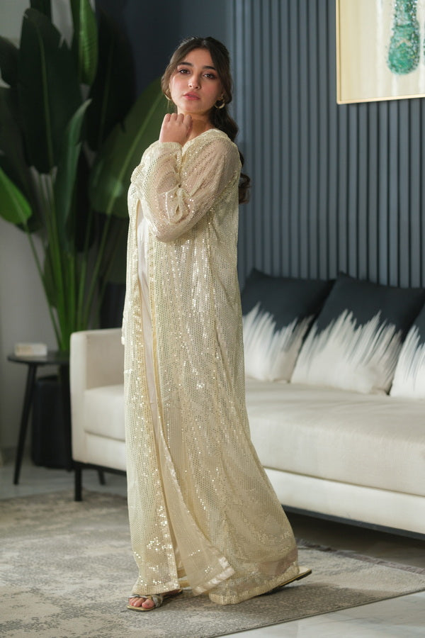 Ivory Layer - 2pcs - Sequence Net with Silk & Chiffon - Festive - Sprinkles Pakistan