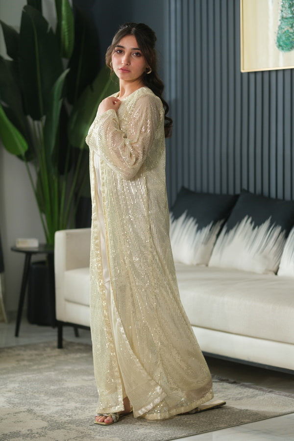 Ivory Layer - 2pcs - Sequence Net with Silk & Chiffon - Festive - Sprinkles Pakistan
