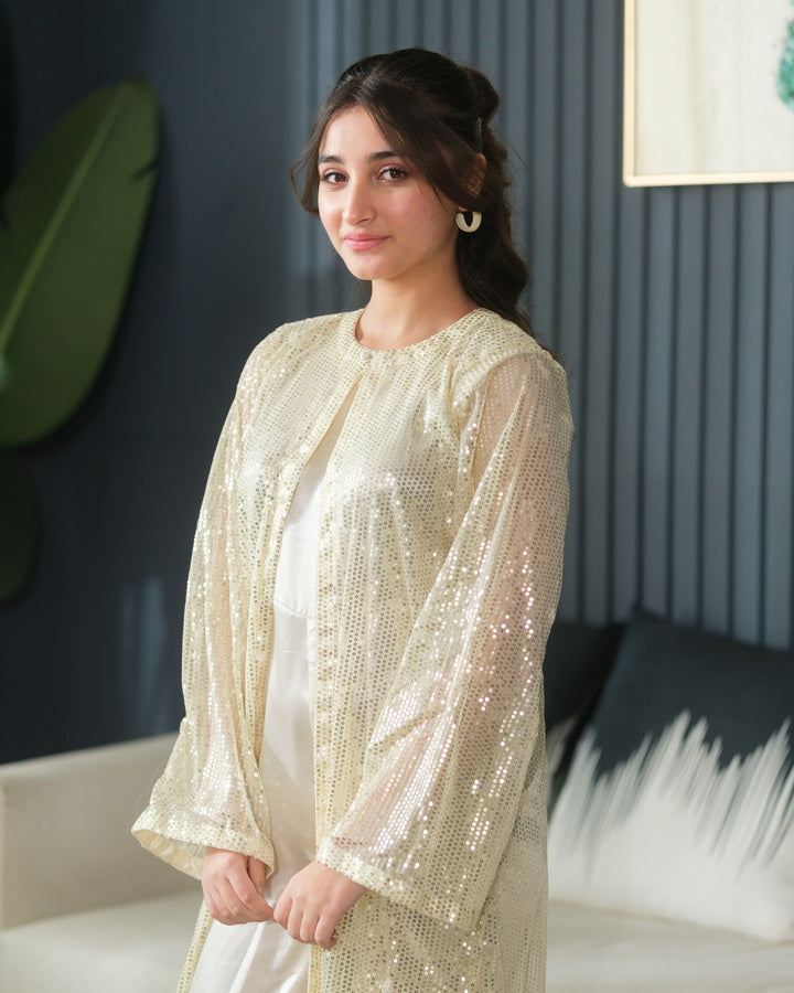 Ivory Layer - 2pcs - Sequence Net with Silk & Chiffon - Festive - Sprinkles Pakistan