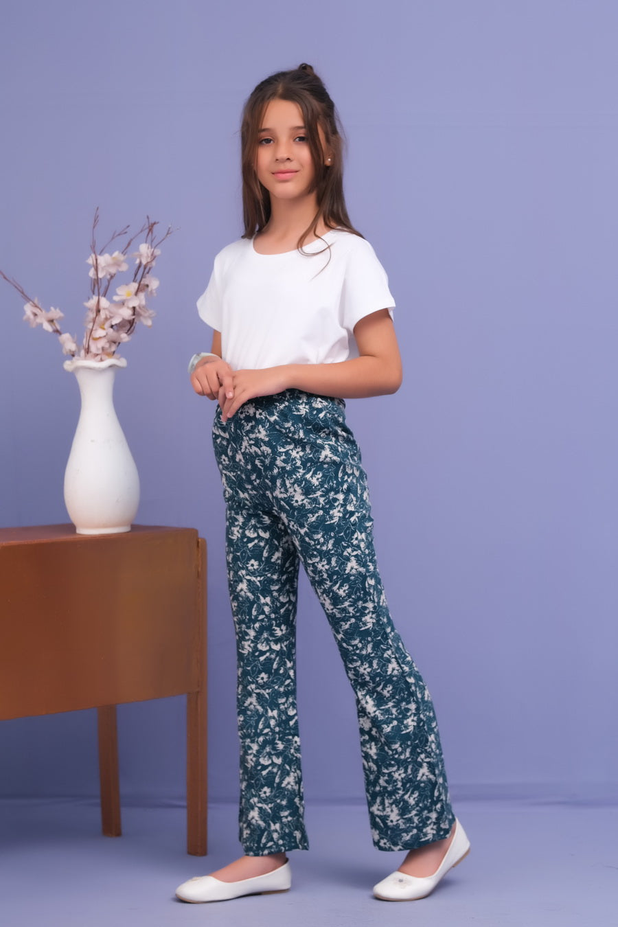 Teal Blue Ditsy Floral Print Knot Straight Trouser