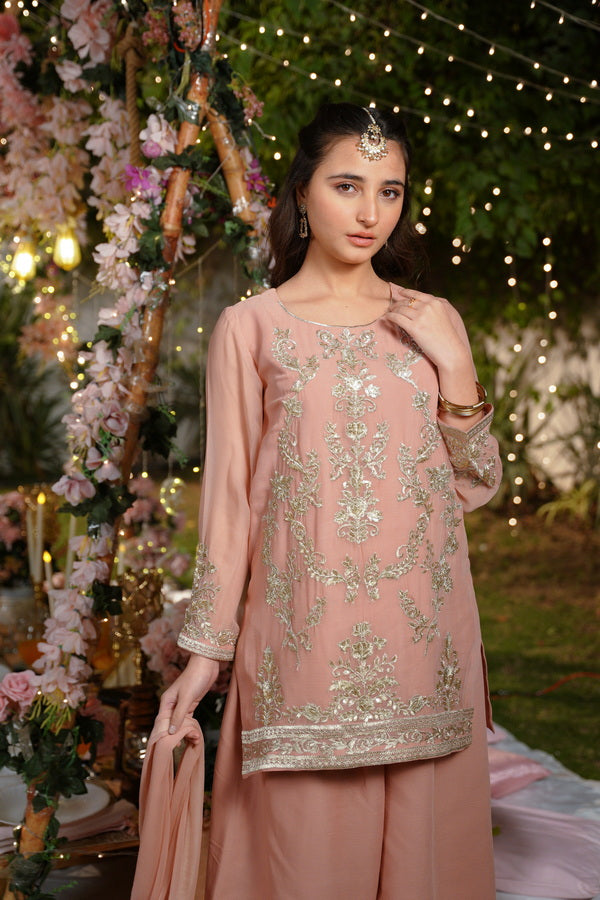 Zeenat-e-Peach - 3pcs - Sequence Embroidered Chiffon - Festive - Sprinkles Pakistan