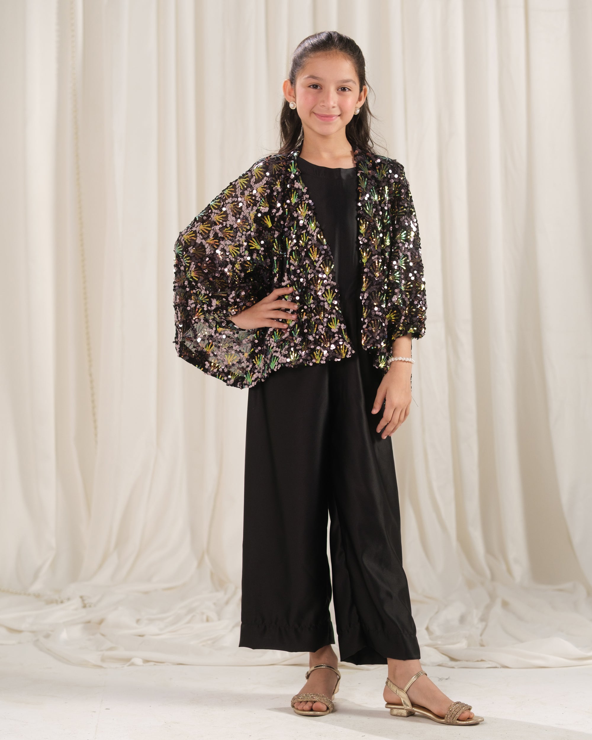 Moonlight Cape with Jumpsuit - 2pcs - Sequence Net & Silk - Festive - Sprinkles Pakistan